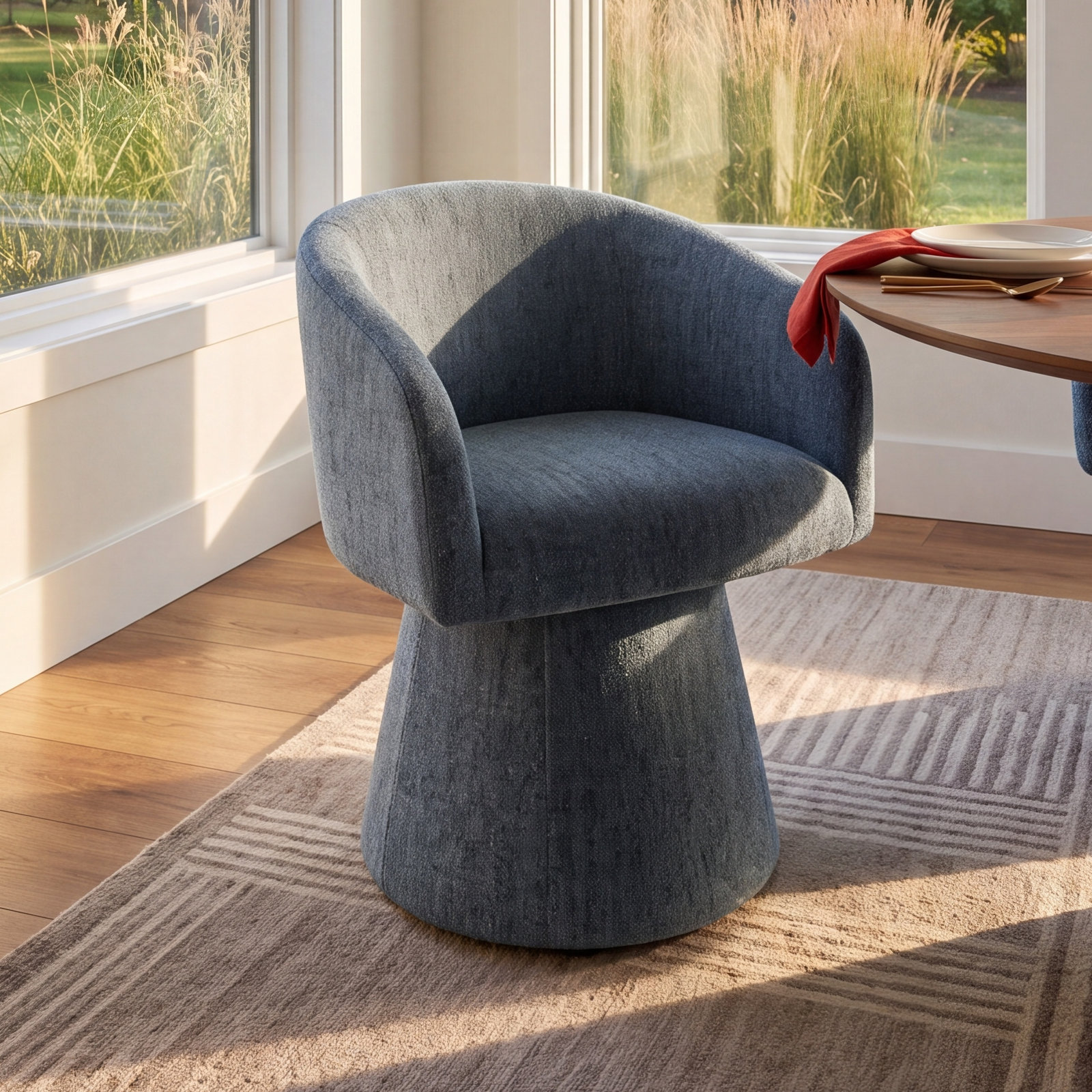 Kyo Swivel Dining Armchair, Mellow Steel Blue Boucle