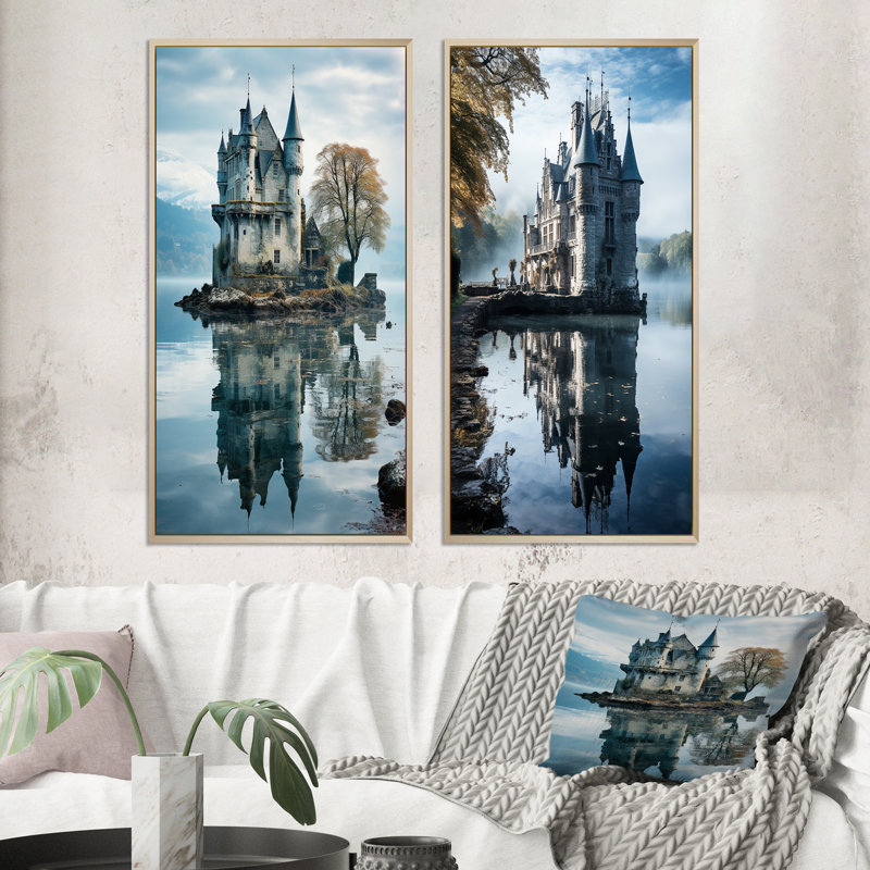 «Castles Dreamy Reflections», 2 pièces sur toile, H 20 po x l 24 po, Encadrement brun