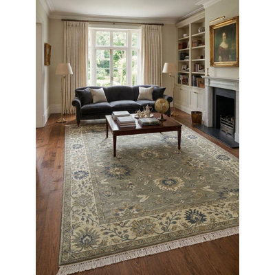 Tapis crème en laine noué à la main floral 9 pi 1 po x 11 pi 10 po Floral