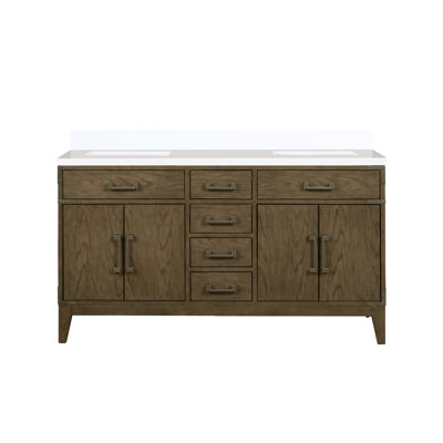 Meuble-lavabo double 60 po en chêne gris Largeur, surface en quartz blanc pré-percé, corps principal en bois massif, conception à fermeture douce, deux armoires intérieures, besoins de rangement avec salle de bain scellée deux fois