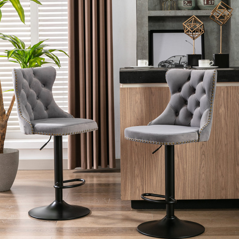 Confortable, gris, siège réglable de 25 à 33 pouces, base 17,7, rivets martelés à la main pour la salle à manger, tabourets de bar Modern Home, velours gris, hauteur du siège 25 à 33, dossier, de 2