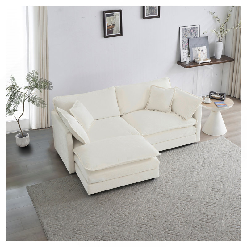 Canapé à deux places en chenille avec 1 repose-pieds, canapé modulaire en L avec repose-pieds 2 places, causeuse avec repose-pieds pour petit espace de vie, chenille blanche