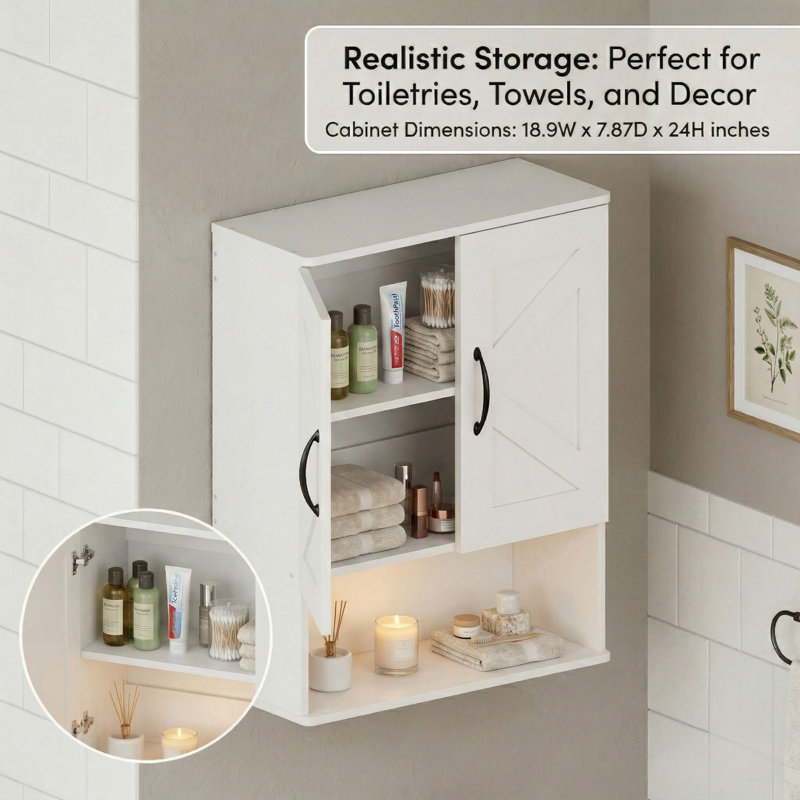 19" Wall Mounted Bathroom Cabinet, Wall Storage With Adjustable Shelves And Dual Door, White