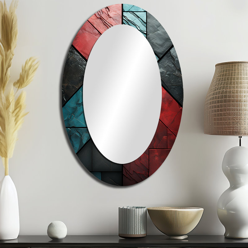 Carreaux à chevrons bleus et rouges Elegance III - Miroir mural moderne audacieux et éclectique, H 36 po x l 24 po