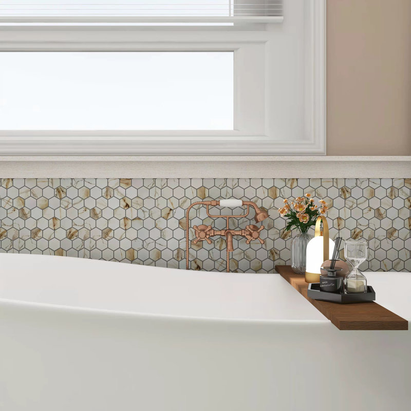 Value Series 2" x 2" Porcelain Honeycomb Mosaic Wall & Floor Tile, Calacatta Gold