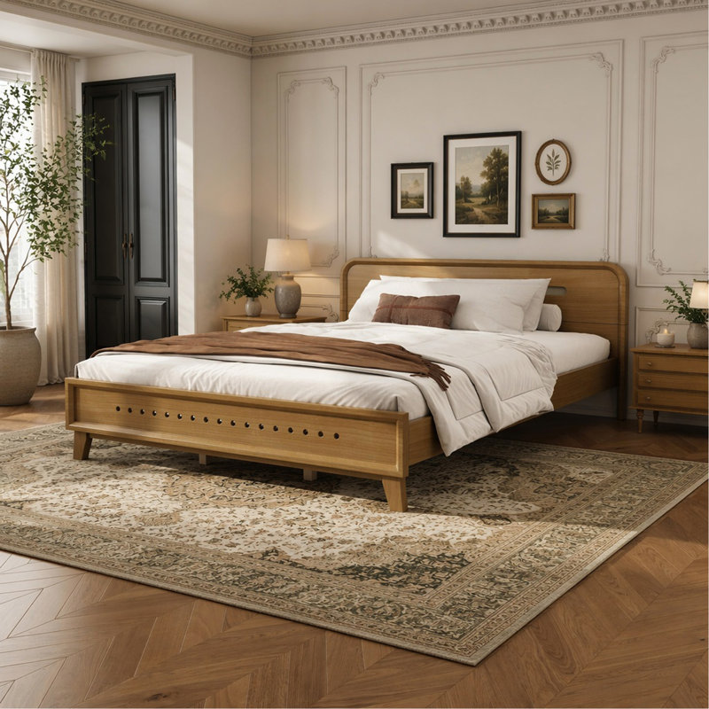 PINE SOLID WOOD QUEEN SIZE BED, SOLID AND STABLE, NO BOX SPRING NEEDED, RUSTIC YELLOW COLOR