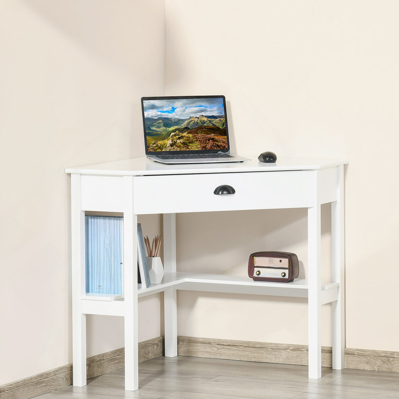 Bureau d'angle, bureau d'ordinateur triangulaire avec tiroir et tablettes de rangement pour petits espaces, poste de travail de bureau à domicile pour le salon ou la chambre à coucher, blanc