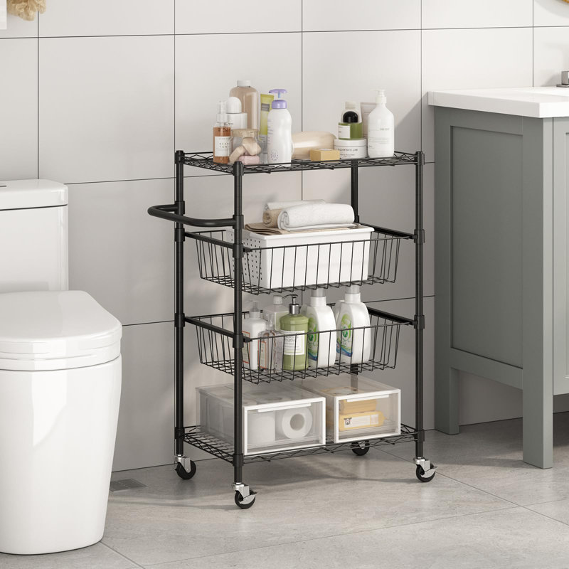 Rolling Utility Cart 4-Tier Storage Cart with Handle Bar & 2 Removable Baskets Bathroom Storage for Kitchen, Dining Room, Living Room, Bathroom, Black