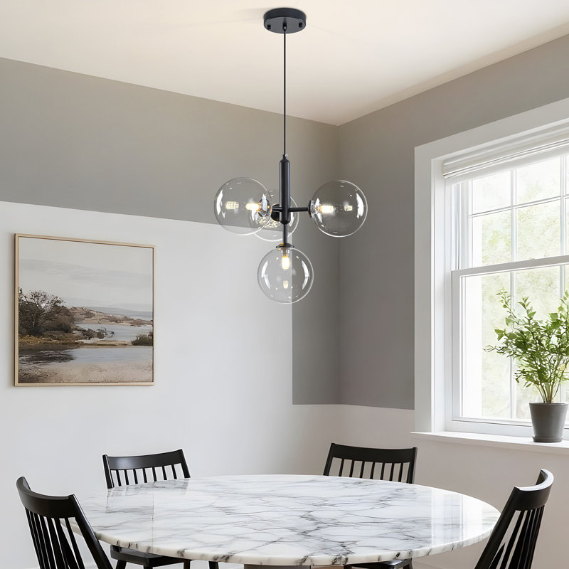 4-Light Modern Sputnik Sphere Clear Glass Bubble Chandelier, Matte Black