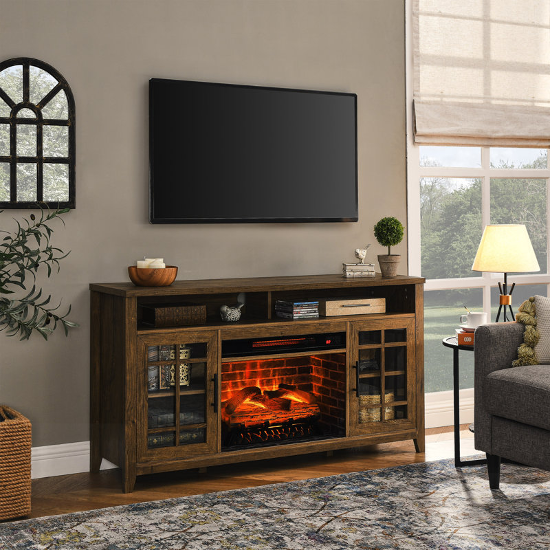 TV Media Stand With Electric Fireplace And Heater, For Cozy Entertainment Spaces, Reclaimed Barnwood