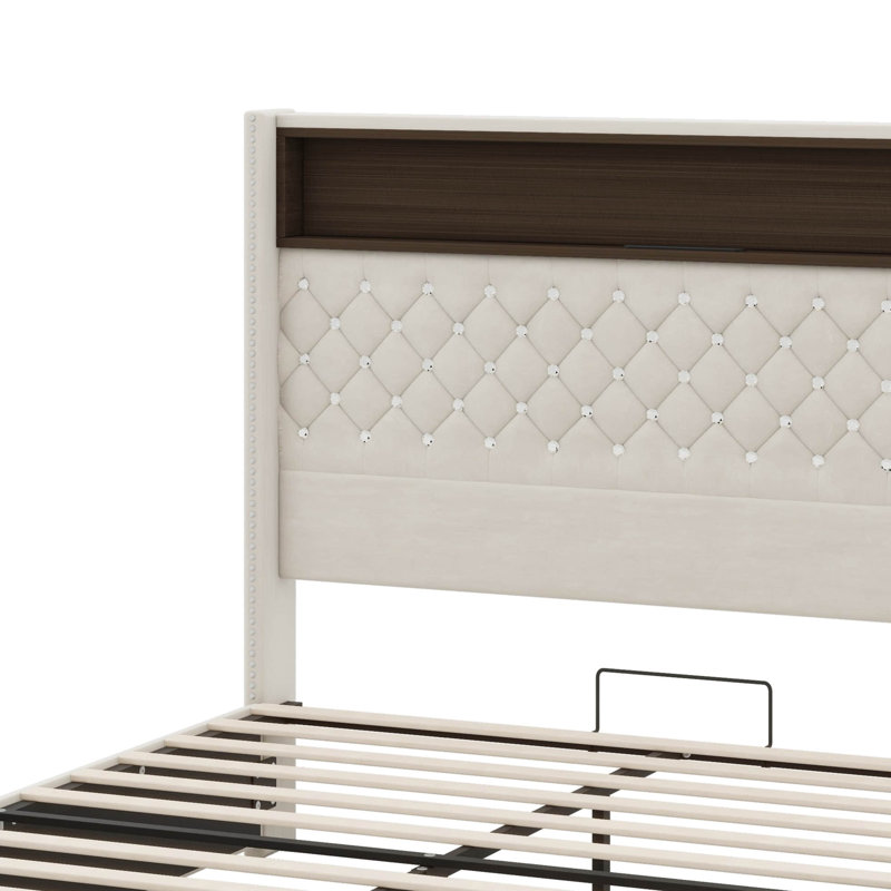 Structure de lit grand et moelleux en velours capitonné, avec USB et veilleuse, lit plateforme à oreilles avec rangement intégré pour la tête de lit