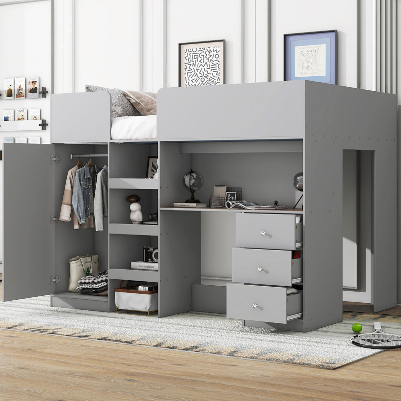 Lit mezzanine en bois avec garde-robe intégré, bureau, tablettes de rangement et tiroirs, Gris