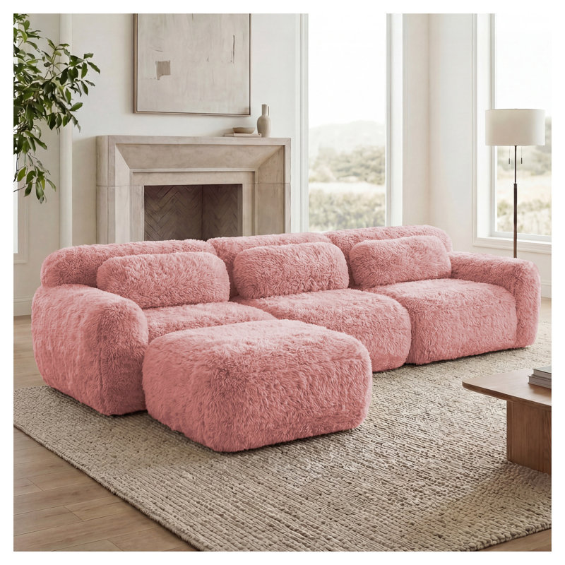 Canapé modulaire en forme de L rose avec repose-pieds mobile et coussins décoratifs, aucun assemblage requis