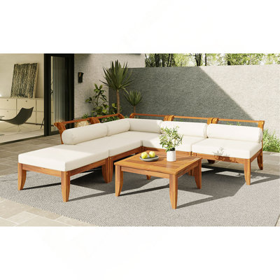 Ensemble de canapé de patio 6 pièces, ensemble de conversation modulaire d'extérieur en bois d'acacia, ensemble de conversation en forme de L, lit de jour convertible avec table à thé, repose-pieds, 5 coussins et coussins