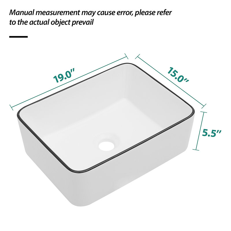 19X15 Inch White Ceramic Rectangular Vessel Bathroom Sink