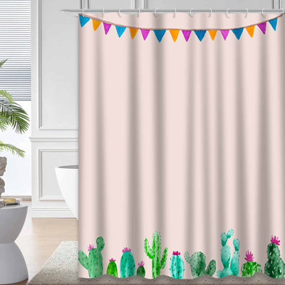 Watercolor Cactus Succulent White Natural Botanical Greeting Shower Curtain with 12 Hooks