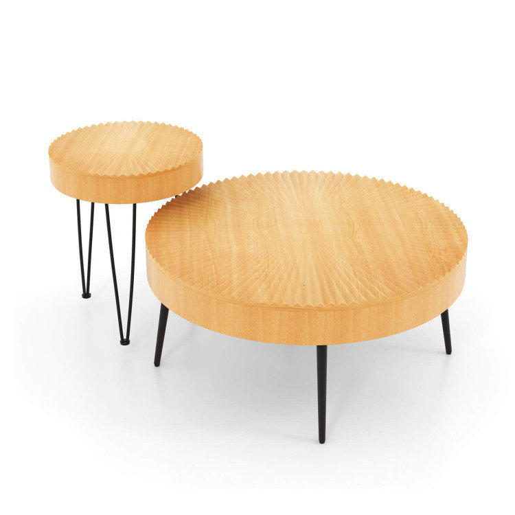 Round Natural Wood and Metal Nesting Coffee Table Set