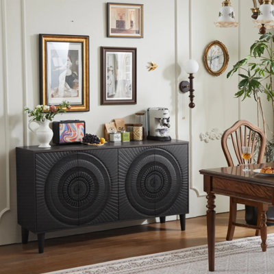 Buffet 4 portes noir, armoire de rangement Buffet noir avec design décoratif