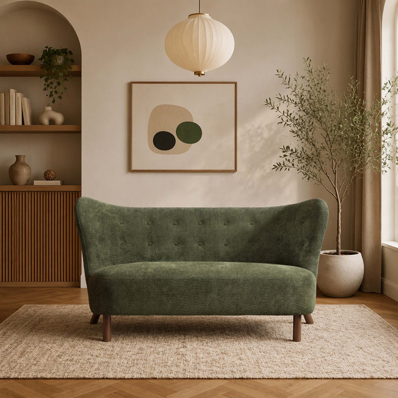 Canapé deux places sans accoudoirs de style nordique, dossier incurvé en tissu chenille, 147 cm, orné de boutons décoratifs au dos, idéal pour le salon, le bureau ou la salle de détente, vert olive.