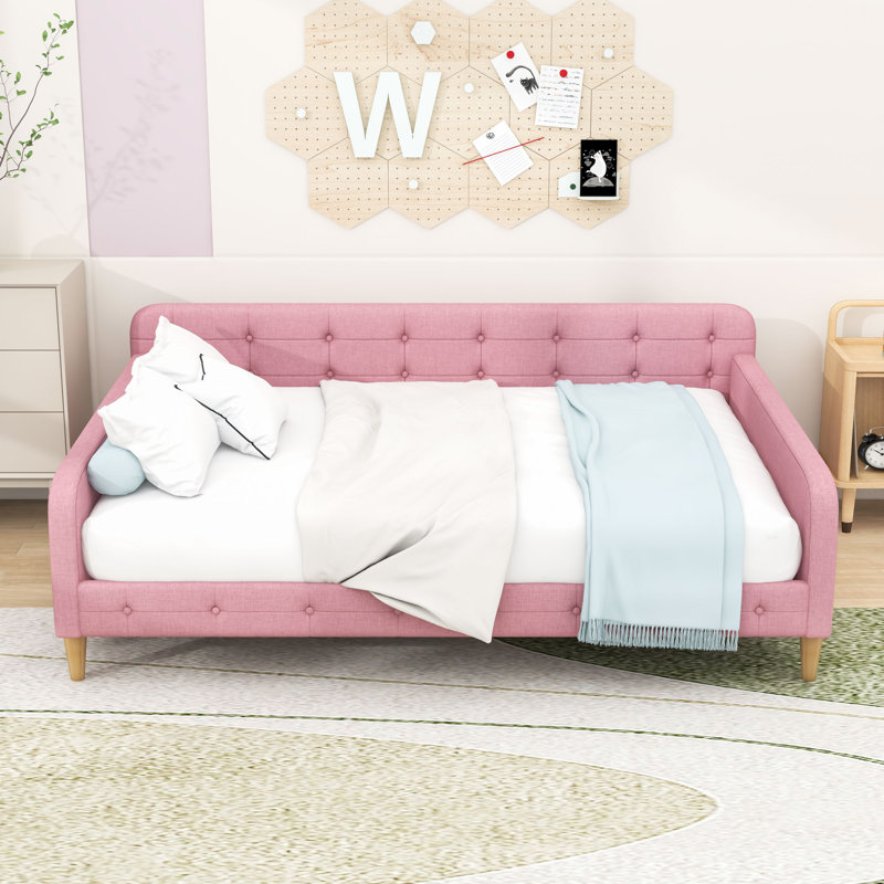 Elegant Linen Upholstered Daybed with Armrests, Full, Pink