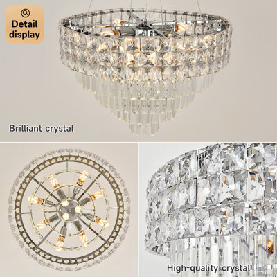 Crystal Chandelier Pendant Light, Adjustable Height for Sloped Ceilings, 3-Colour Switchable, Chrome Finish, 11 Lights E12/E14, Modern Ceiling Fixture for Dining Room/Living Room