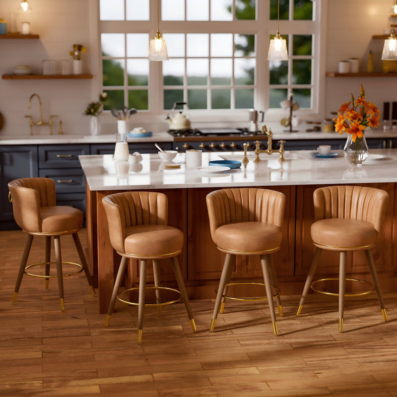 Anneli 24'' Swivel Counter Height Bar Stools Set of 4, Brown Counter Stools with Backs and Wood Legs for Kitchen Island, 4