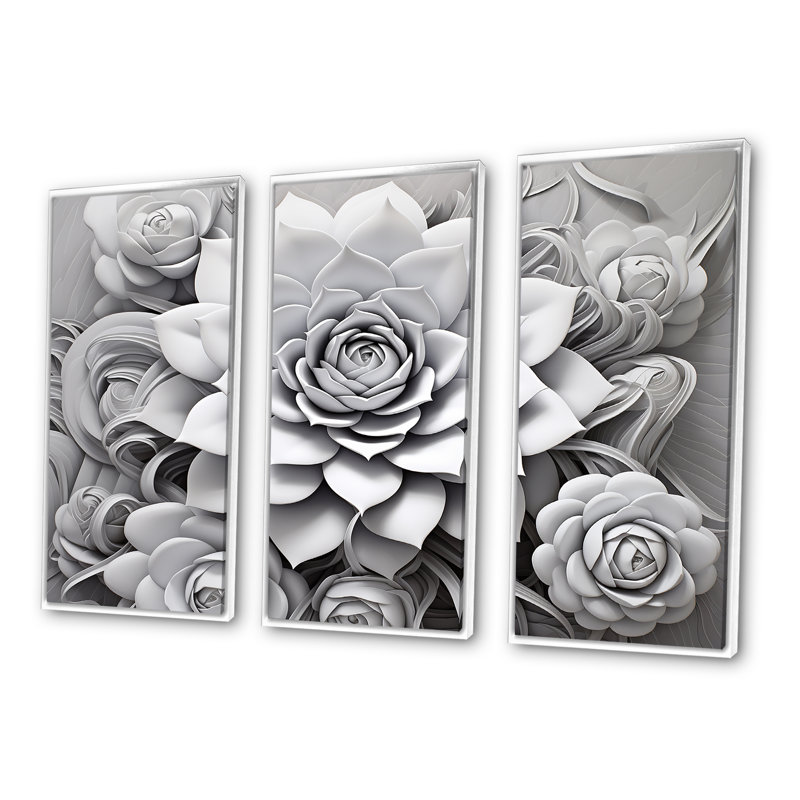 Minimalisme noir et blanc «Succulent II» - ensemble d'art mural sur toile, Cadre flottant blanc, H 28 po x l 36 po x P 1 po