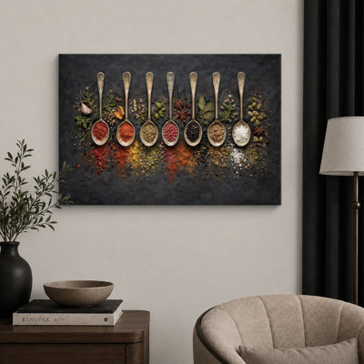 Vintage Spoons With Spices Herbs And Sea Salt Artwork, Kitchen Pictures, Framed Canvas Giclee Print Wall Art