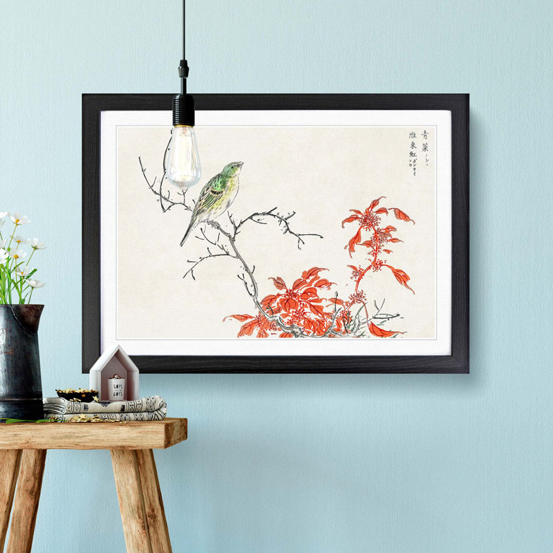 Bunting Bird & Orange Flowers by Numata Kashu - Picture Frame Art Print, 36cm H x 48cm W x 2cm D, Black Framed