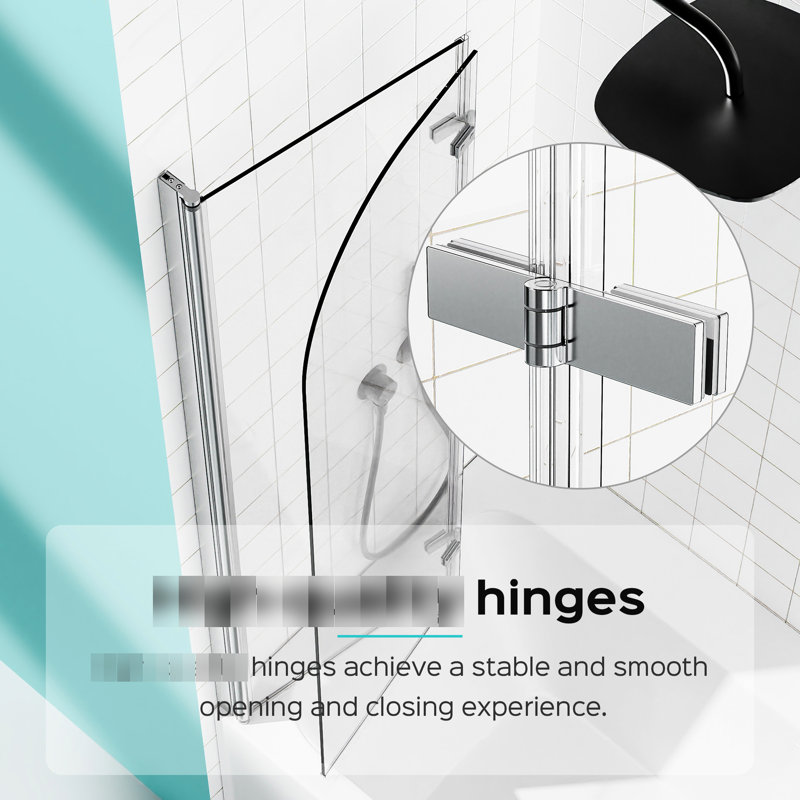 Porte de douche pivotante de l 34 po x H 58 po, verre trempé transparent de 1/4 po (6 mm) d'épaisseur, finition, support mural stable, charnières fixes et installation réversible de 6 mm de large pliable