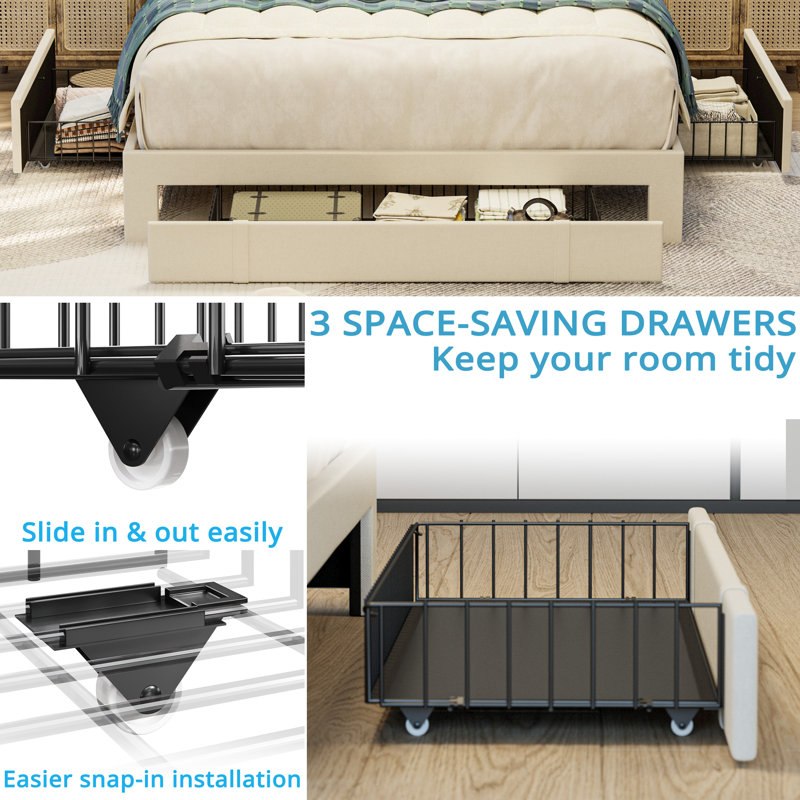 Upholstered Bed Frame with 3 Drawers, Bed with Storage Headboard and Charging Station, Full, Beige