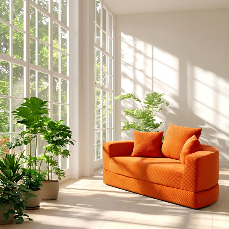 Aurelia 67" W x 33.5" D x 31.1" H Corduroy Convertible Floor Lounge Futon Sofa Bed, Orange Corduroy
