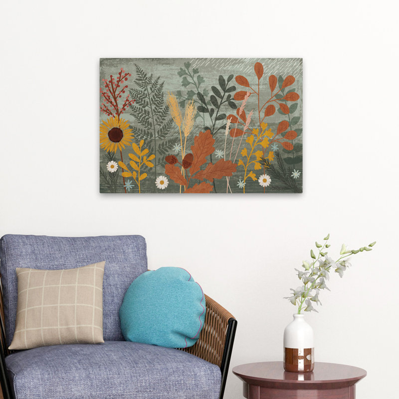 «Harvest Craze I» - art d'automne bleu brun Asters, H 16 po x l 24 po