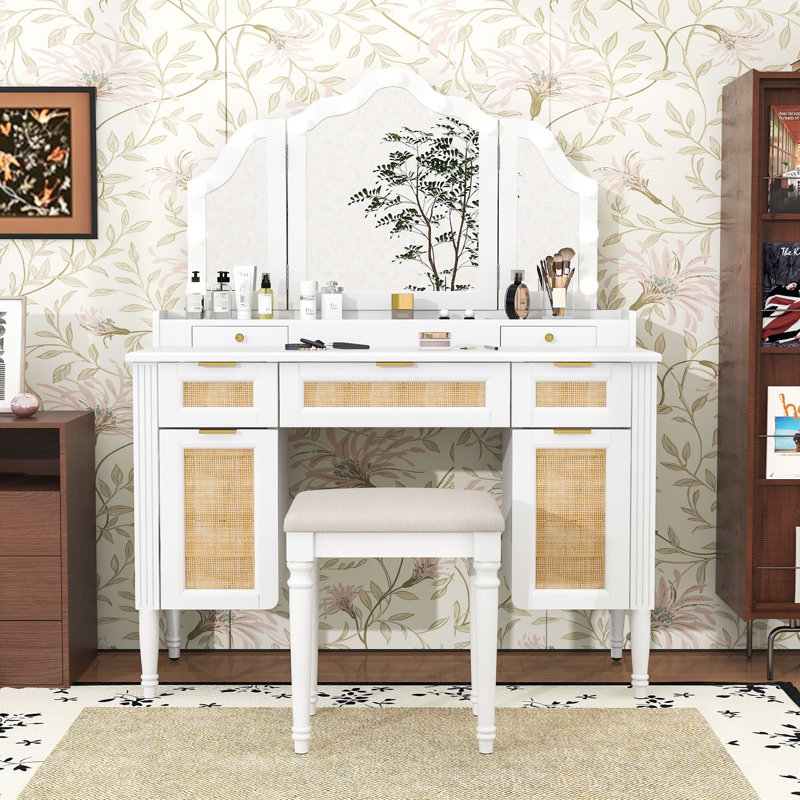 Makeup Vanity Desk with Tri-Fold Mirror, LED Bulbs, Cabinets, Charging Station and Stool, White