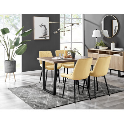 Edzard Industrial Style Wood Effect Dining Table Set with 4 Luxury Velvet Upholstered Dining Chairs