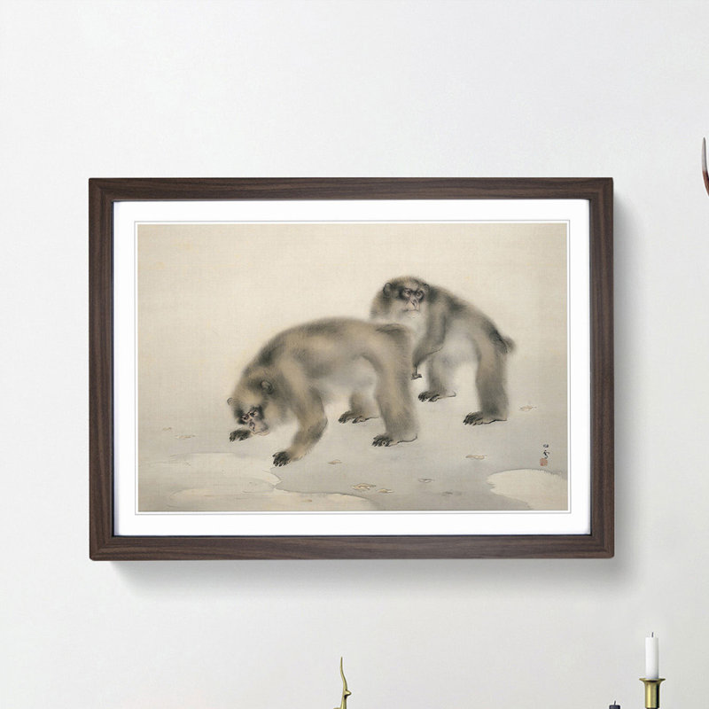 Two Monkeys by Kansetsu Hashimoto - Picture Frame Painting Print, 27cm H x 36cm W x 2cm D, Walnut Framed