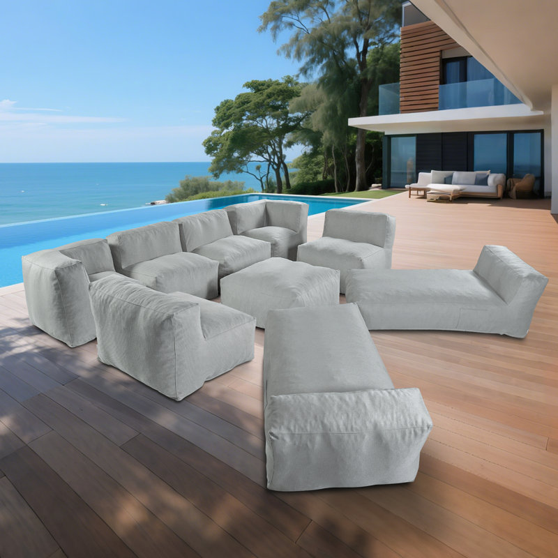 Canapé modulaire d'extérieur 9 pièces avec méridienne pour patio, jardin et piscine, Gris clair
