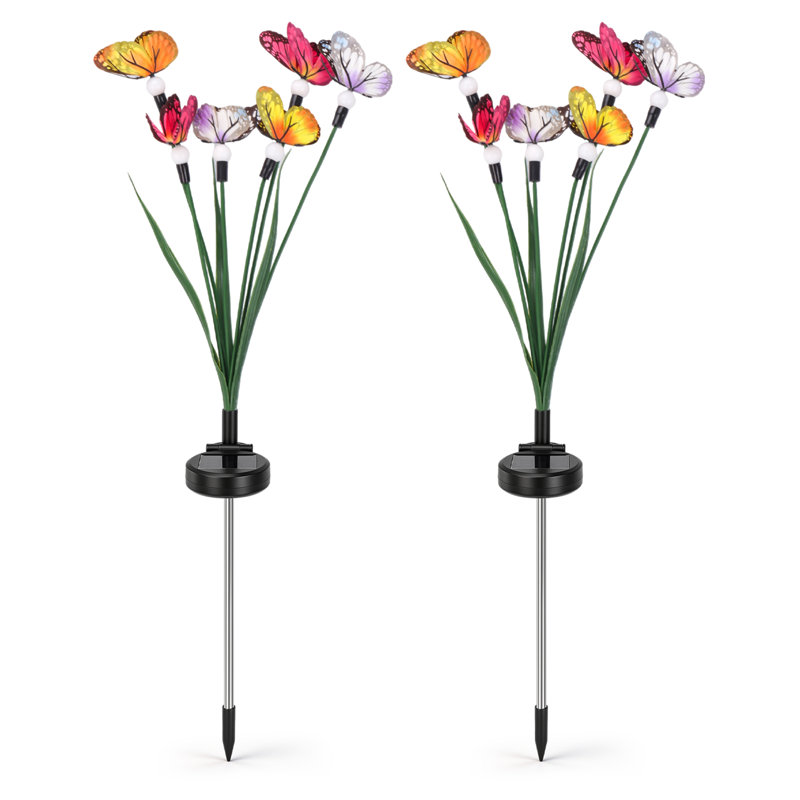 Ensemble de 2 guirlandes lumineuses solaires papillon-luciole à 6 têtes de hauteur variable, lumière chaude, résistantes aux intempéries, aux UV et à la rouille, pour la décoration de jardin, terrasse et allée.