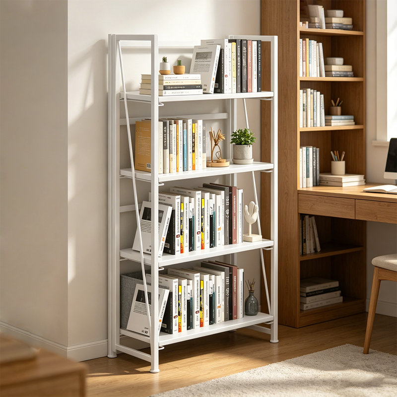 Bibliothèque pliante, étagère de rangement à 4 niveaux pour bureau à domicile, sans assemblage, Blanc