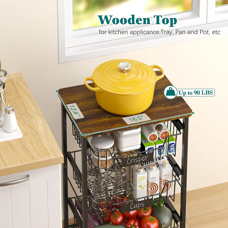 4-Tier Pull-Out Basket Rolling Kitchen Cart, Wood-Top Utility Storage Organizer for Produce Snacks Pantry Bathroom