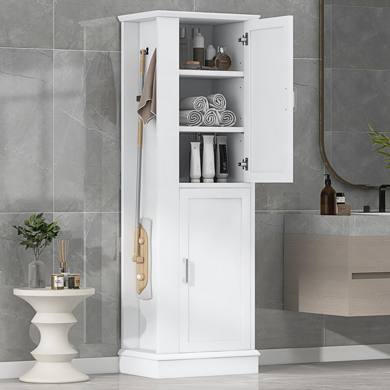 Grande armoire de rangement pour salle de bain, armoire de rangement autoportante avec crochet et tablette réglable