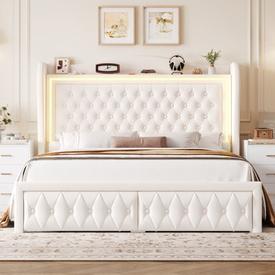 Kaliya Velvet Upholstered Platform Bed With Wingback Headboard & LED Lighting, 2 Underbed Storage Drawers, Suitable For Bedroom, Guestroom, Personalized Homestays