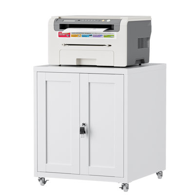 Large Printer Stand with Storage and Lock, 3D Heavy-Duty Printer Cabinet, Printer Table for Home Office with Doors and Adjustable Shelves, for Office Copier and Fax Machine, White
