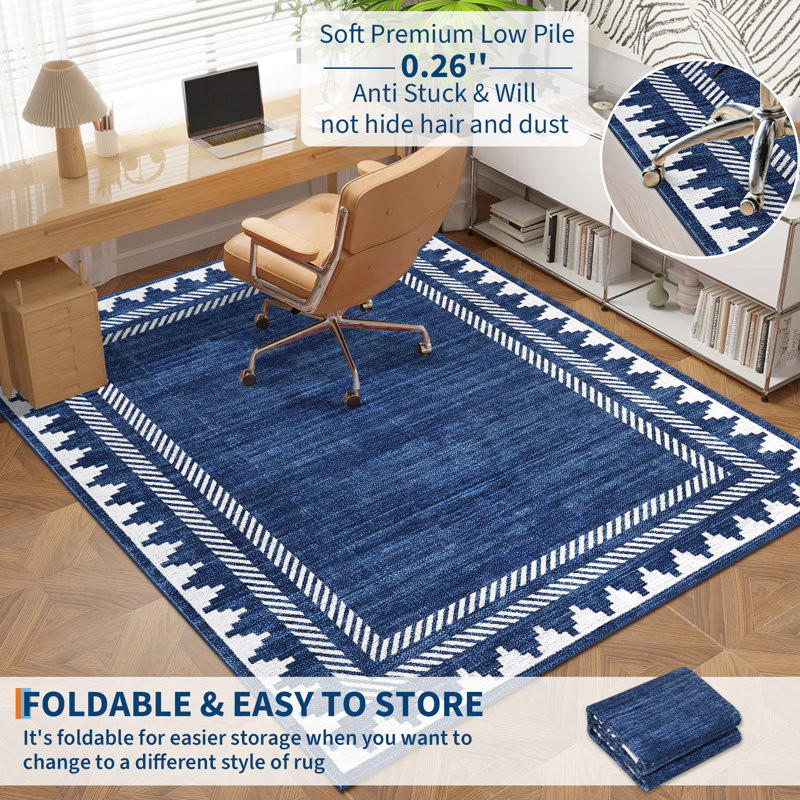 Tapis lavable Geometic Border, Blue, Rectangulaire 8 pi x 10 pi