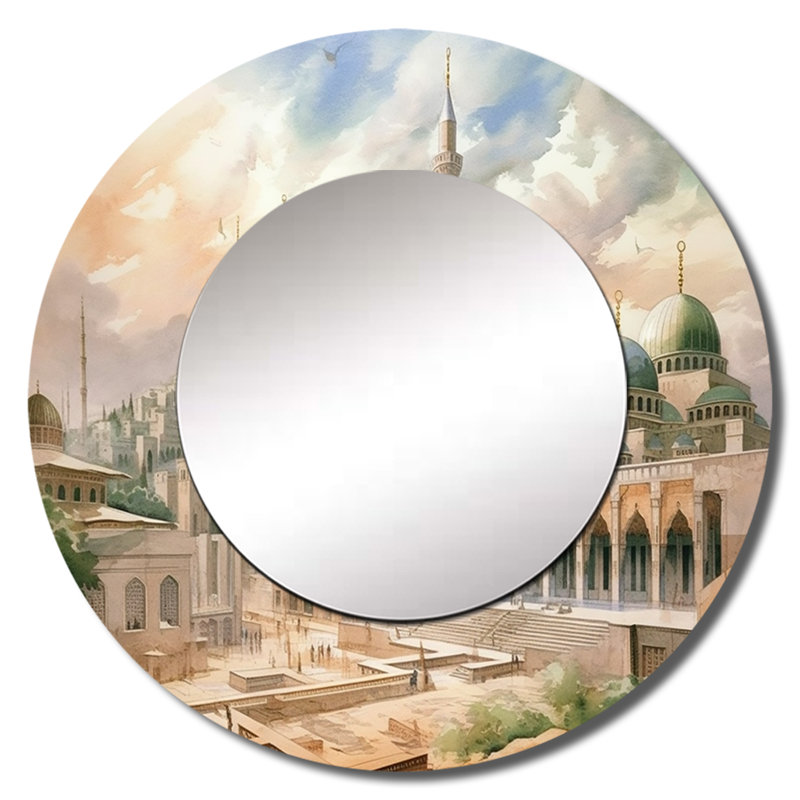 The Prophets Mosque Religious II - Islam Mirror, Beige Round Unique Wall Mirror, Printed Metal Art, 36" x 36"