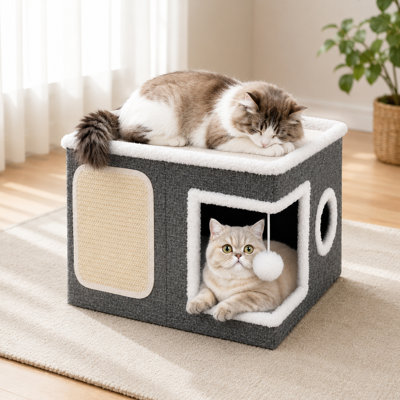 Grande niche pour chats d'intérieur, niche-lit pliable et fermée avec griffoir et balle moelleuse pour chats jusqu'à 13,6 kg, grise