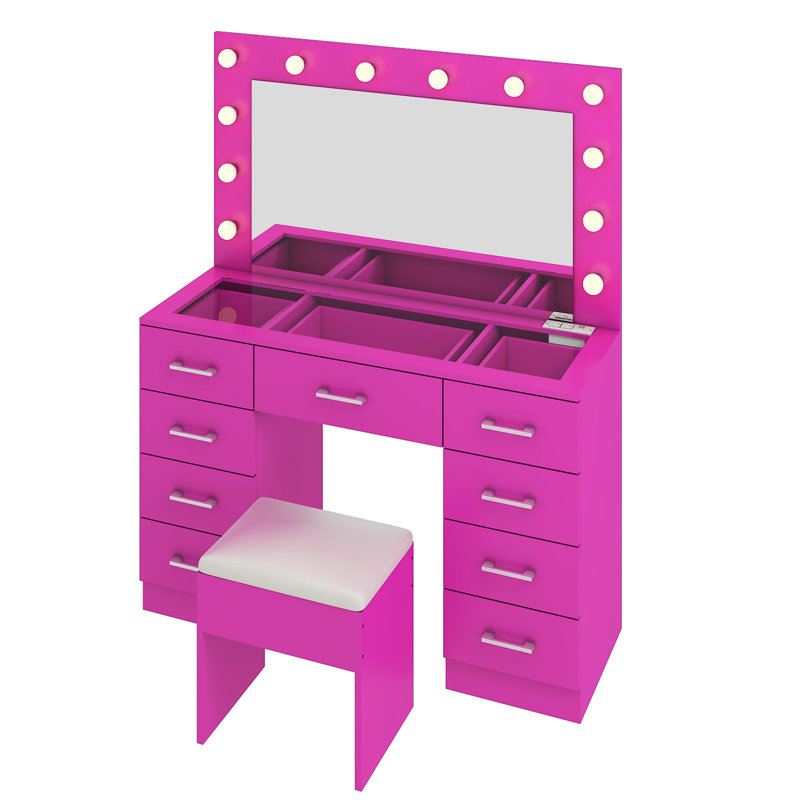 Large Makeup Vanity Set with Lights, USB & Power Outlet,9 Drawers, Pink