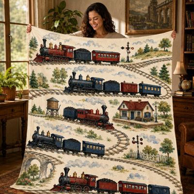 Plaid vintage à motif de train, avec illustration ferroviaire classique, couverture en flanelle rétro ornée de rails de locomotives à vapeur et de paysages champêtres, idéale pour canapé ou lit, 76 x 102 cm
