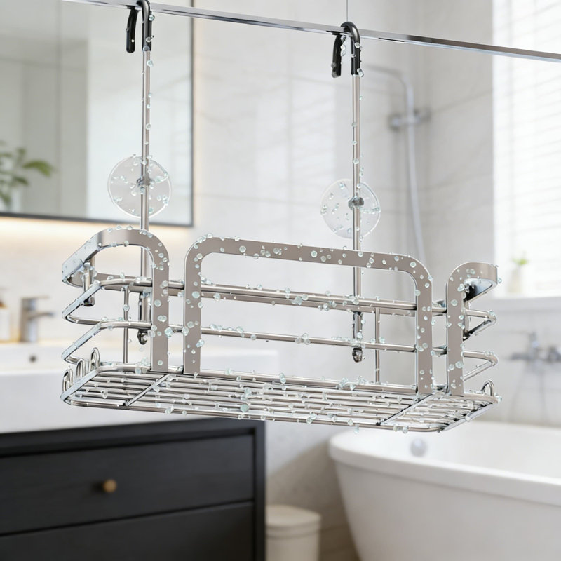 No-Drill Hanging Shower Caddy Organizer With 6 Hooks, 2 Installation Ways, Rustproof Stainless Steel Construction For Bathroom Storage