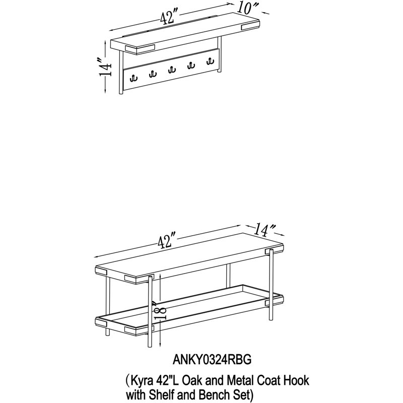 Nikole 42" W Industrial Rustic Wooden Metal Wall Mounted Coat Rack And Bench Set With Storage